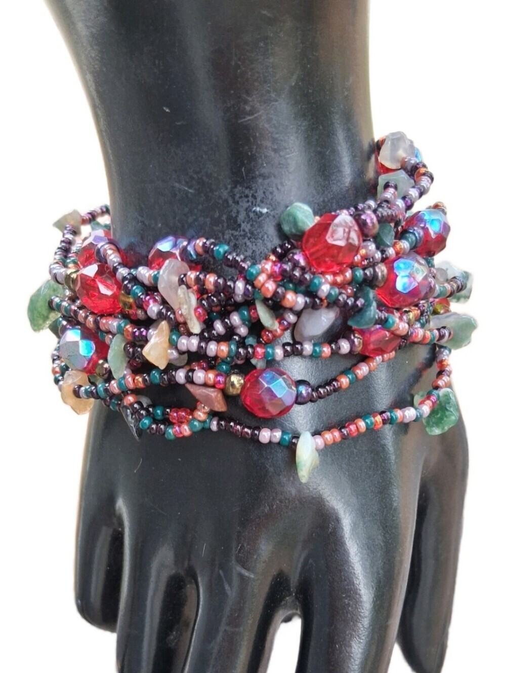 Vintage Multi-Strand Beaded Statement Bracelet Gemstone Chips Magnetic Clasp